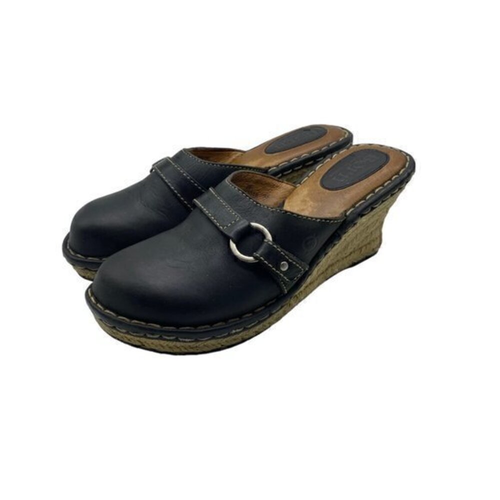 Born Women Nola Shoes Clogs Wedges Comfort Slip On Black Rope Heel Size 8